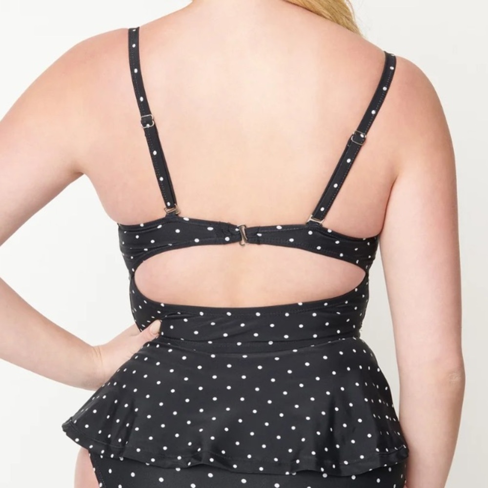 Unique Vintage Black & White Pin Dot Peplum Solana Tankini Swim Top Size Large - Picture 2 of 9